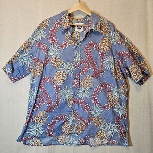 VTG HILO HATTIE Mens Pineapple Lei Print Blue Hawaiian Button Up Shirt 3XL